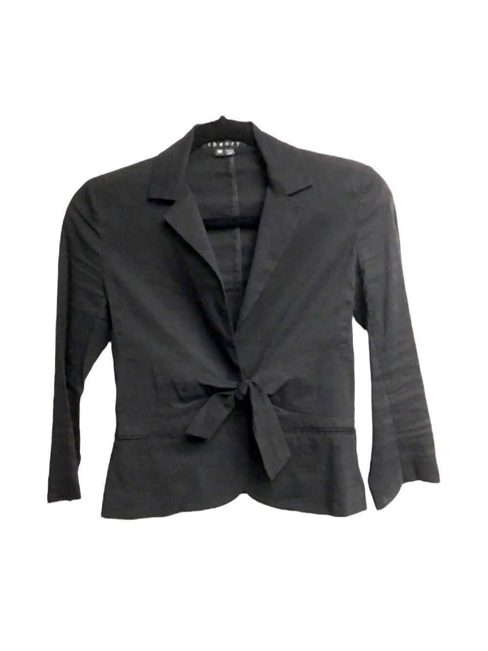 THEORY Black Galina Crunch Cropped Tie Front Linen Blazer Jacket 00